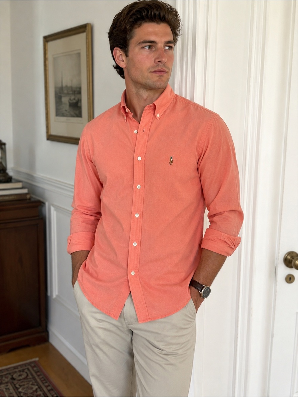 Ralph Lauren Men Medium Coral Oxford Slim Fit Button Down Preppy Shirt Old Money